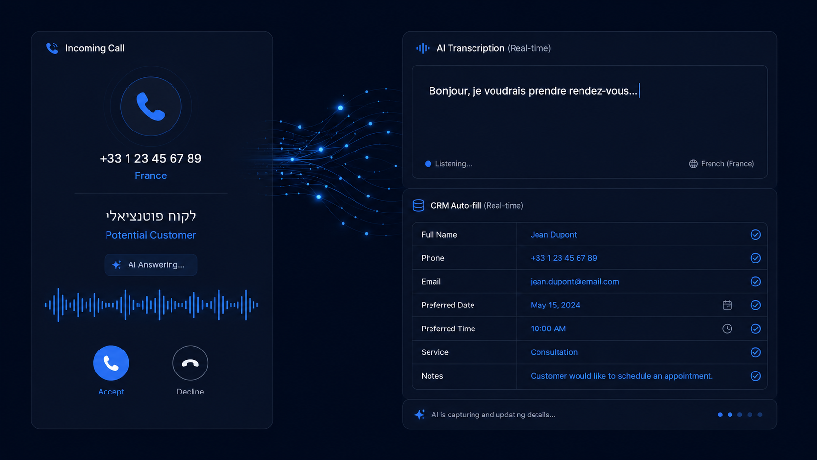 Interface Lyra en temps réel : transcription automatique d'un appel entrant en français avec qualification IA