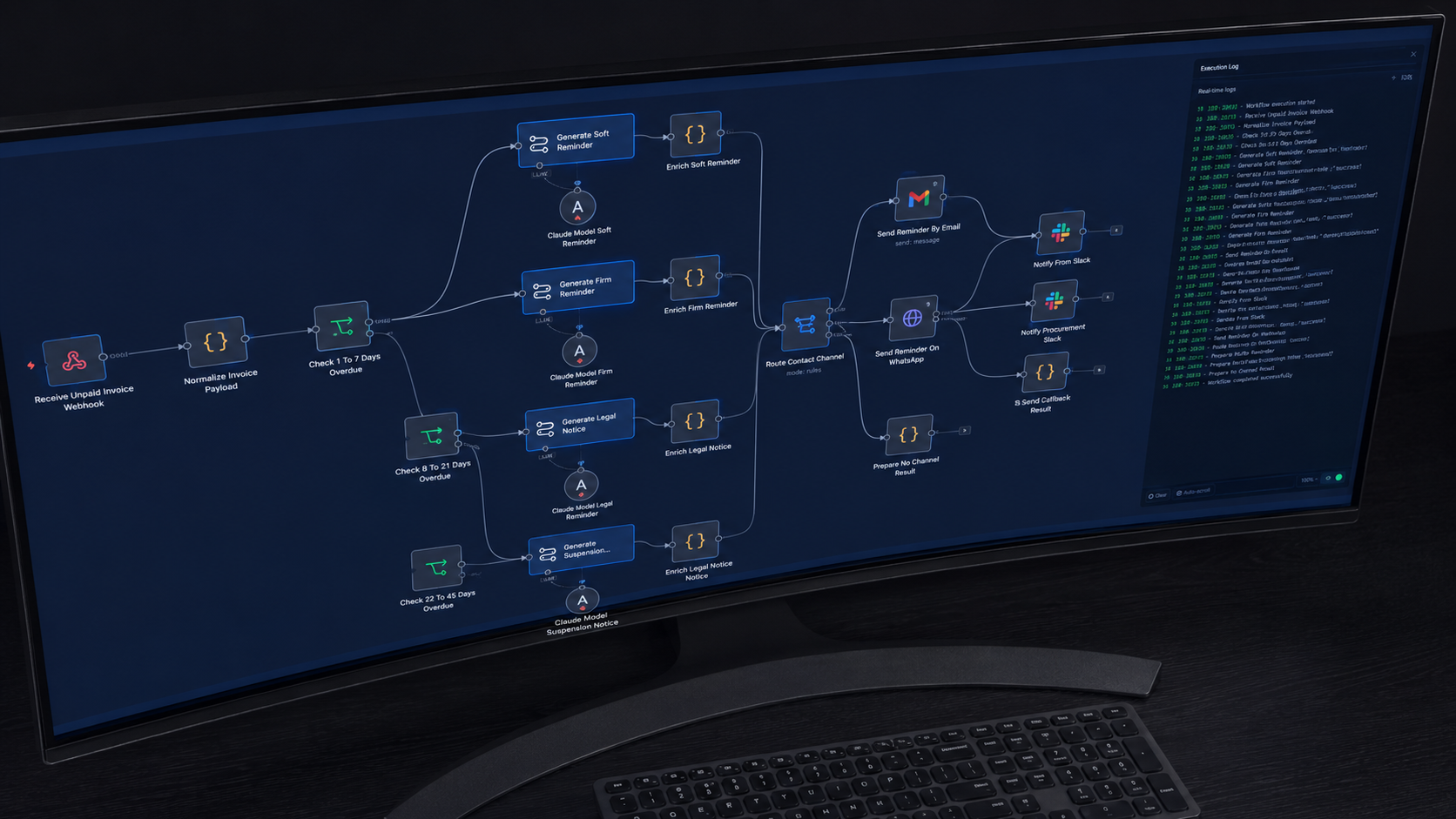 Interface réelle d'un workflow n8n déployé par Flowly avec nodes connectés et monitoring actif